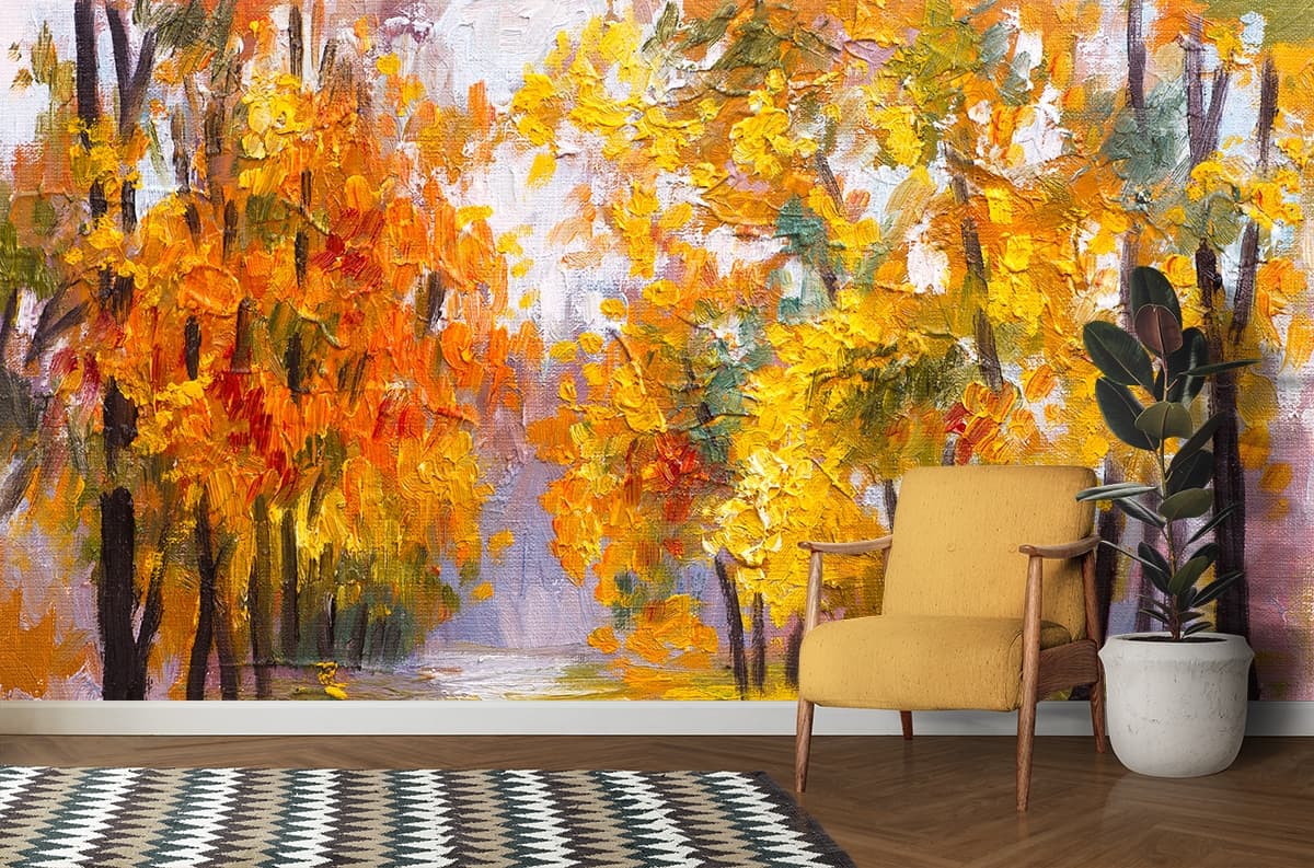 Autumn Trees Yellow Orange Landscape wallpaper shown in a room