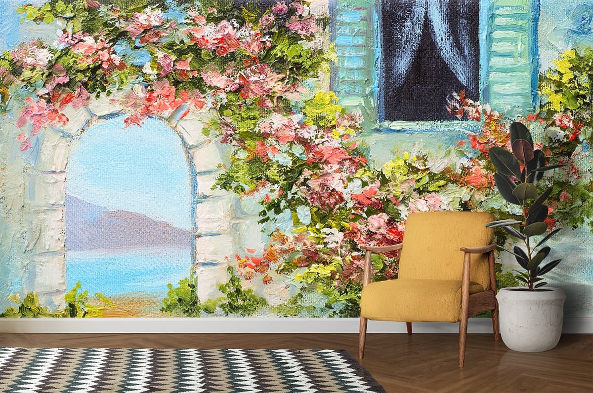 Elegant Original Hand Painted Nature Mural Wallpaper shown in a room