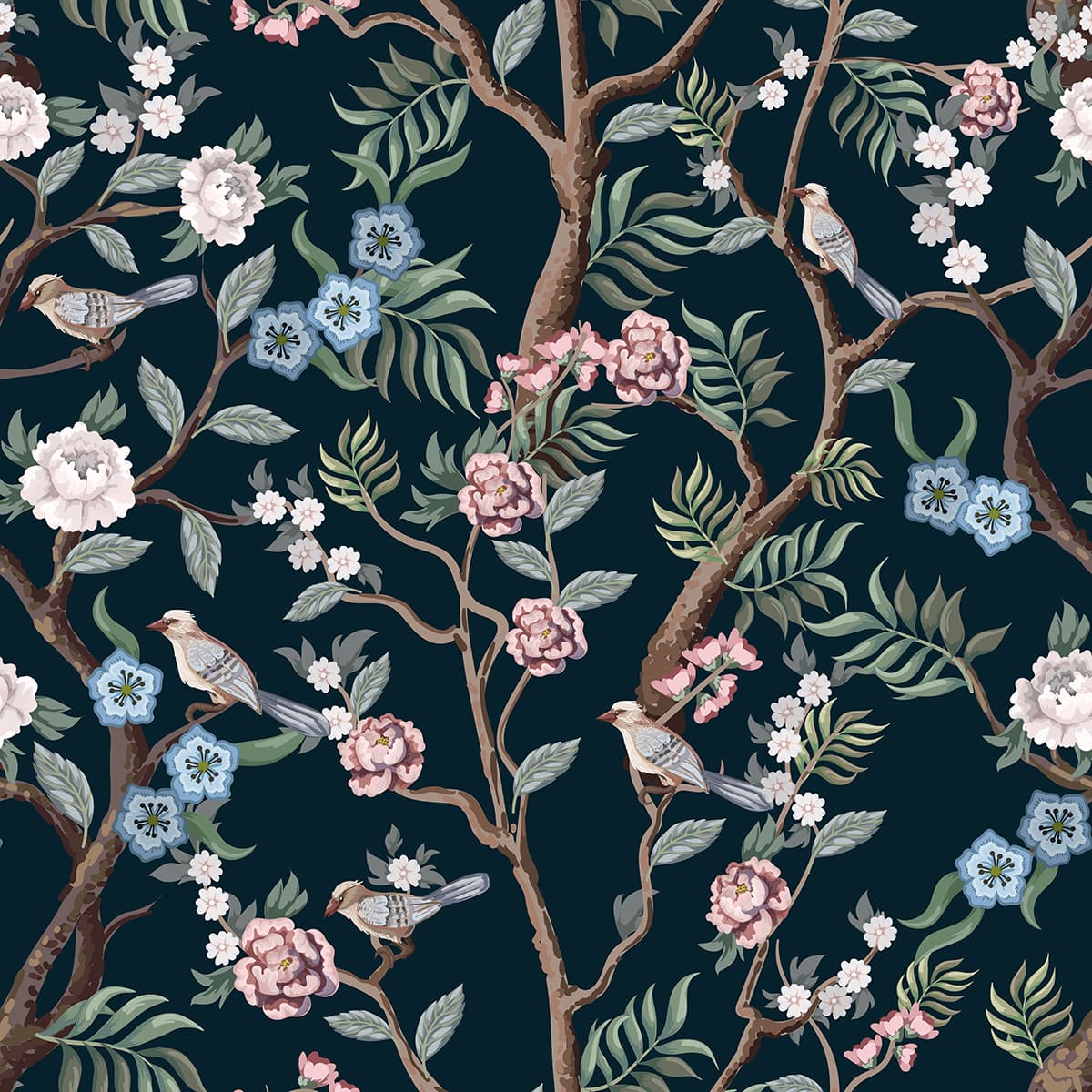 Aesthetic Bird and Flower Pattern Wall Mural Wallpaper pattern detail