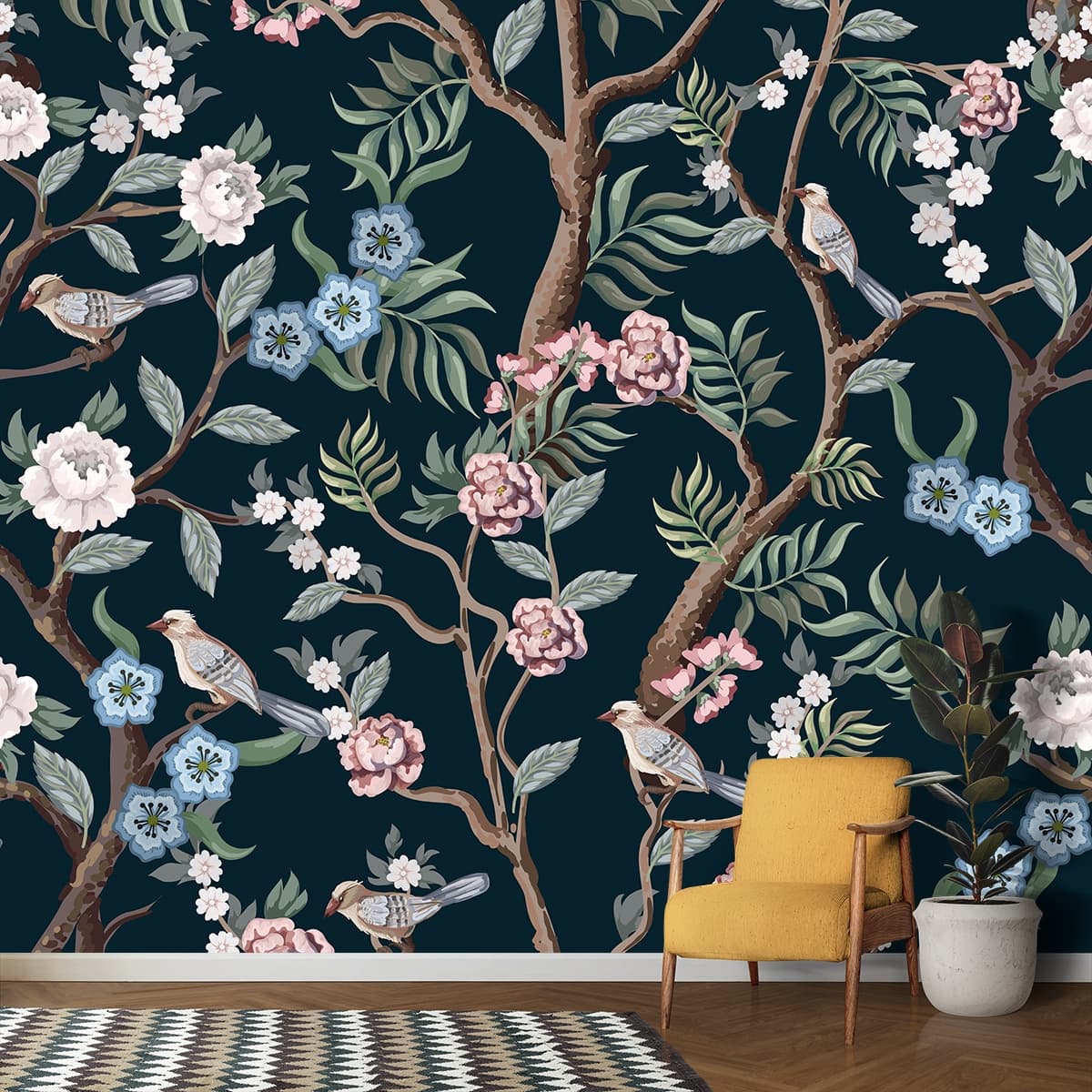 Aesthetic Bird and Flower Pattern Wall Mural Wallpaper shown in a room