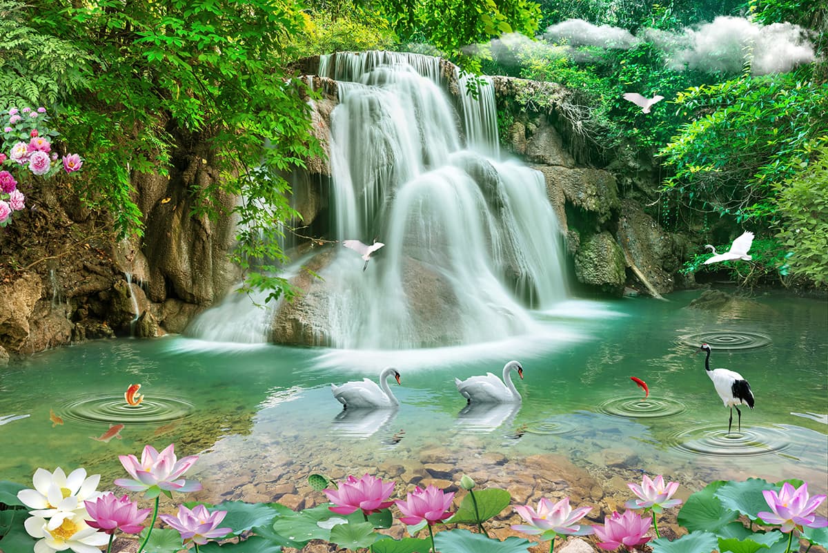 Beautiful waterfall with swans and fish view wallpaper pattern detail