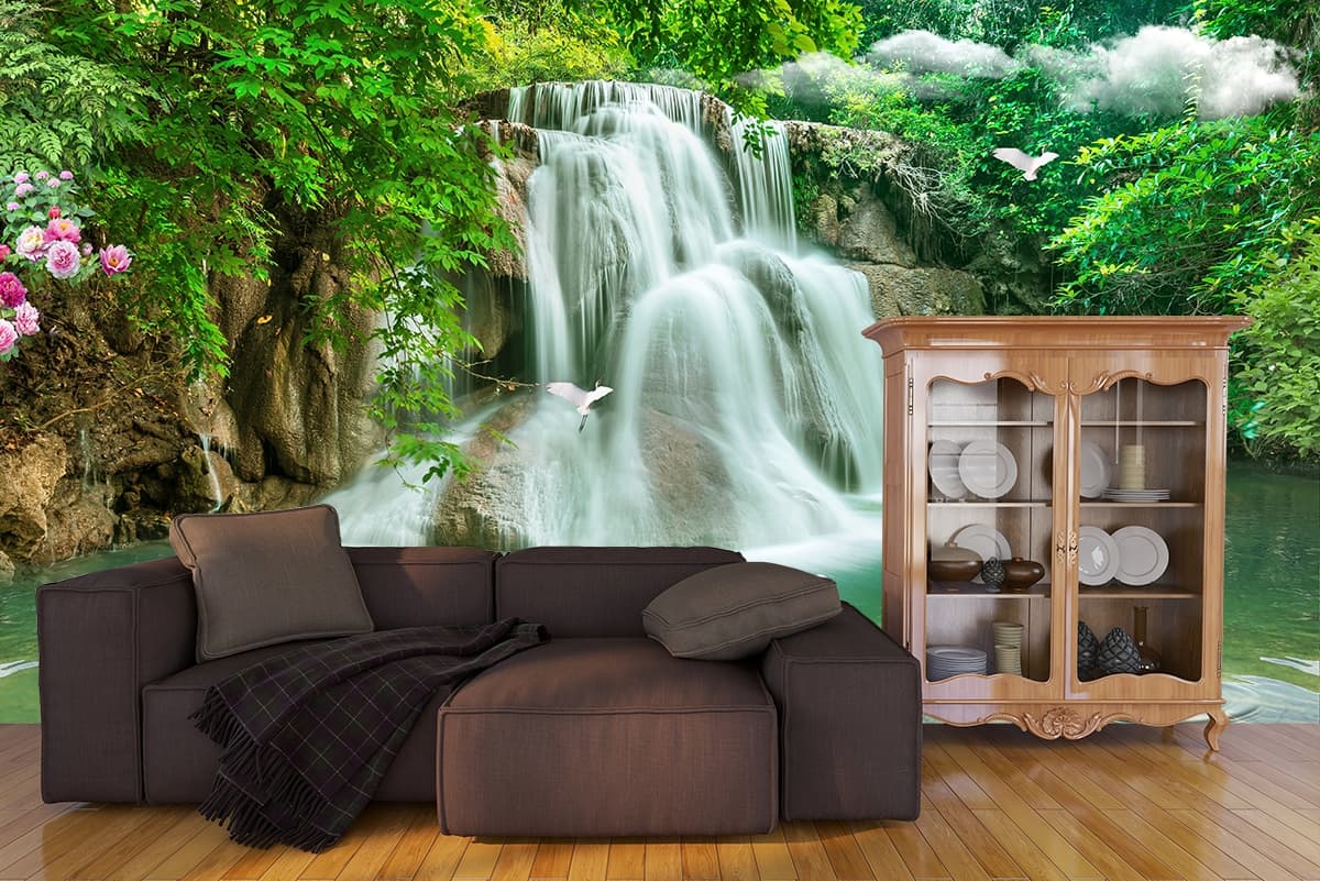 Beautiful waterfall with swans and fish view wallpaper shown in a room
