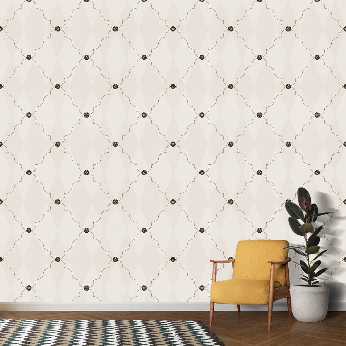 Elegant Monochrome Diamond Pattern Wallpaper shown in a room