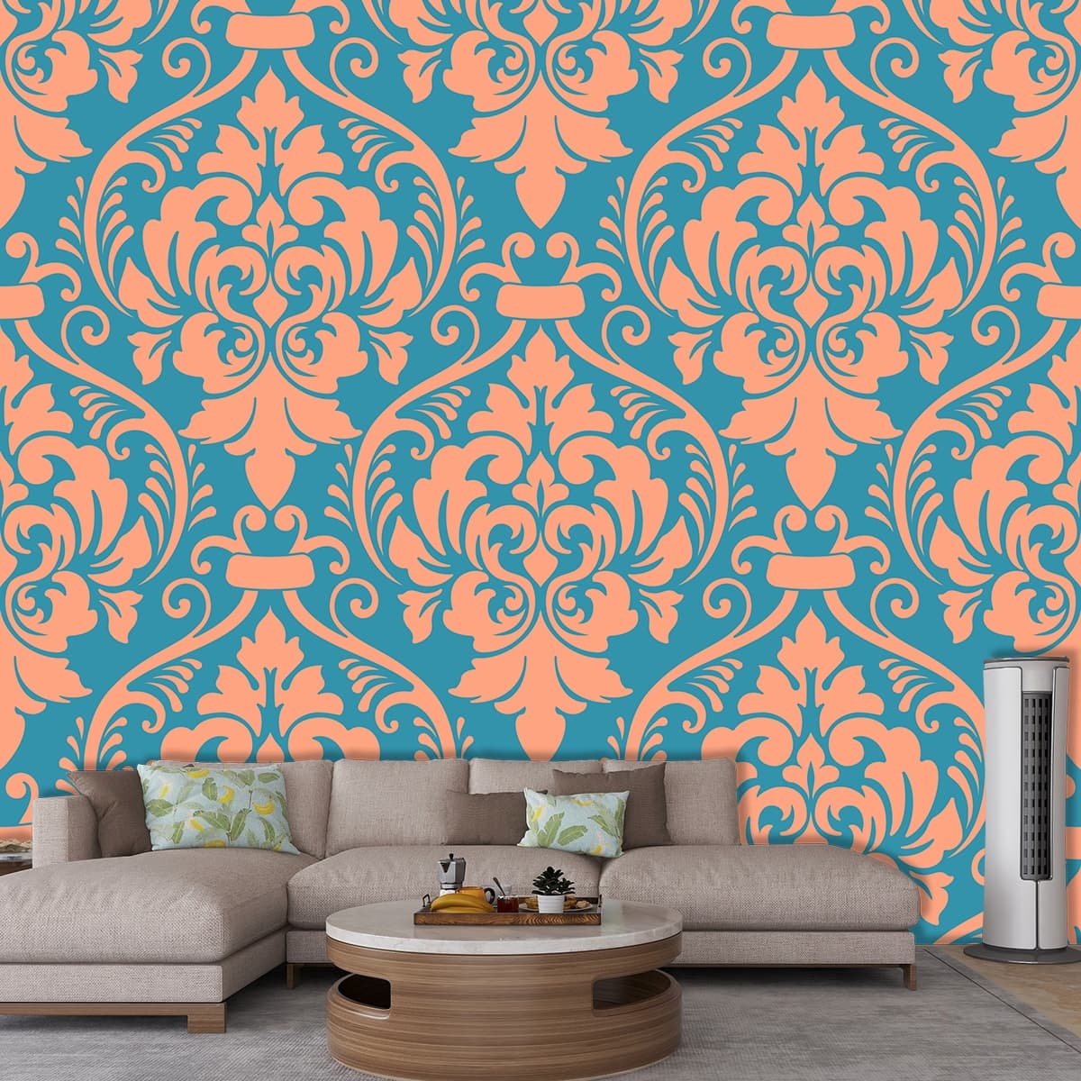 Vibrant Orange and Blue Abstract Pattern Wallpaper for Stylish Interiors shown in a room