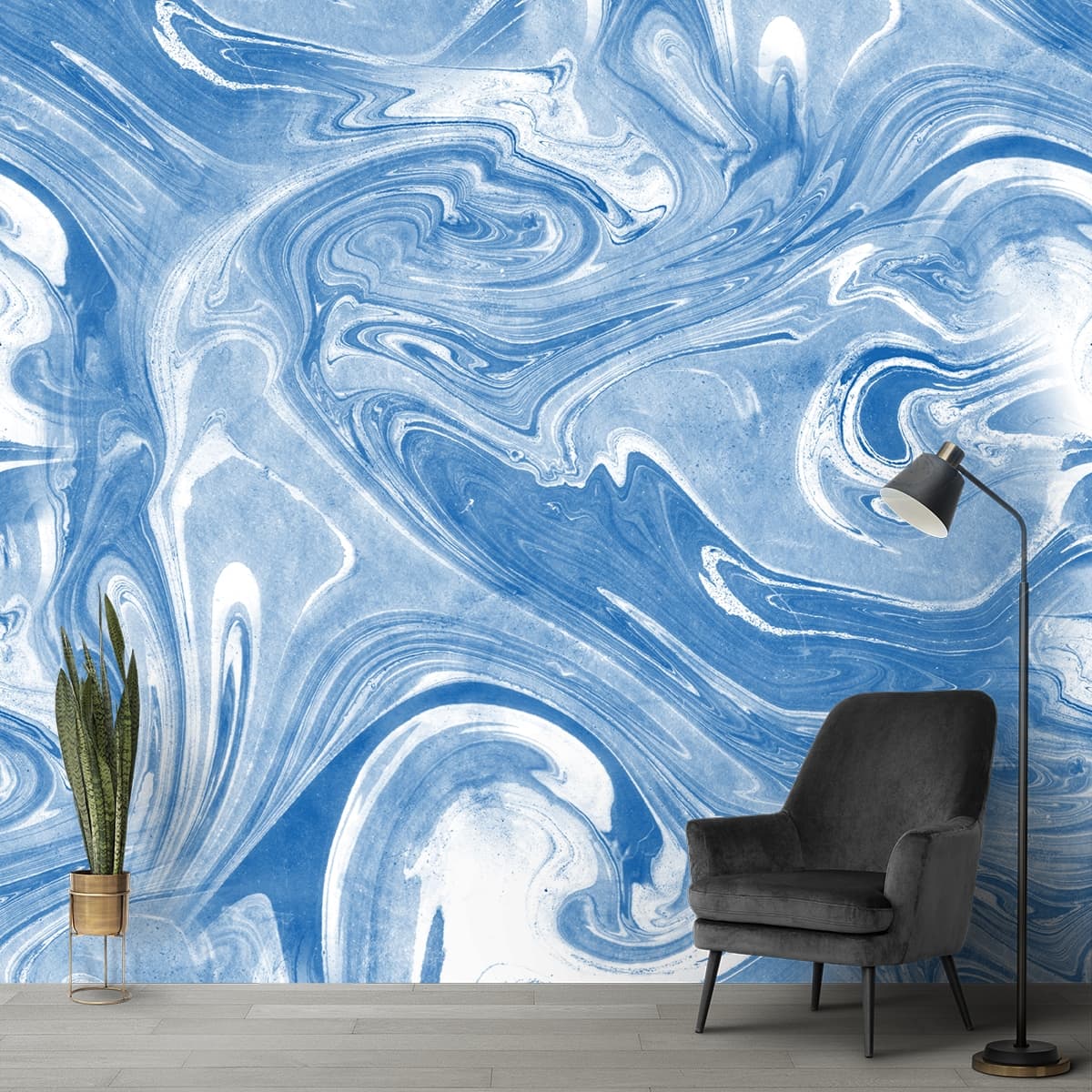 Fluid blue white swirl creating modern abstract flow wallpaper shown in a room