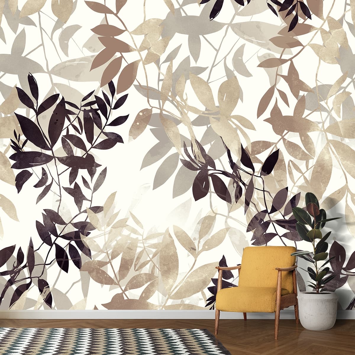 Golden Hues Luxurious Design Leaves Wallpaper shown in a room