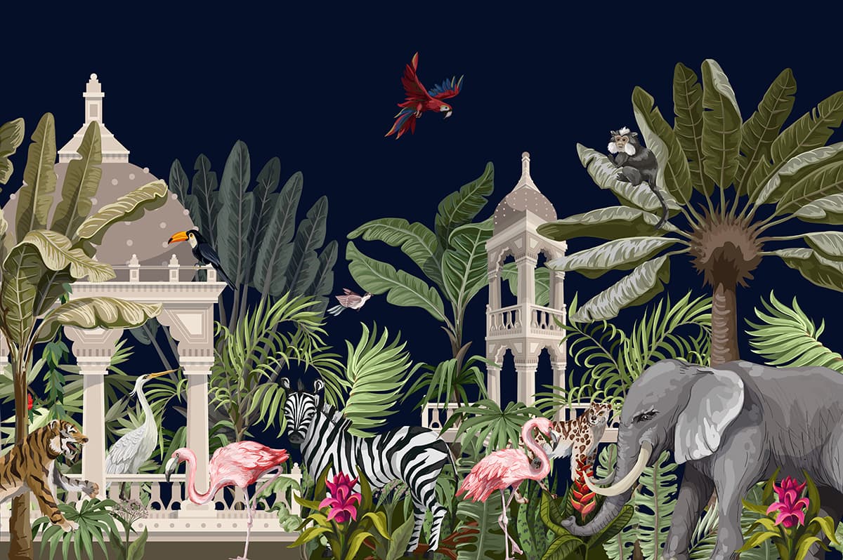 Tropical Wallpaper for Walls, A wallpaper with animals and plants pattern detail