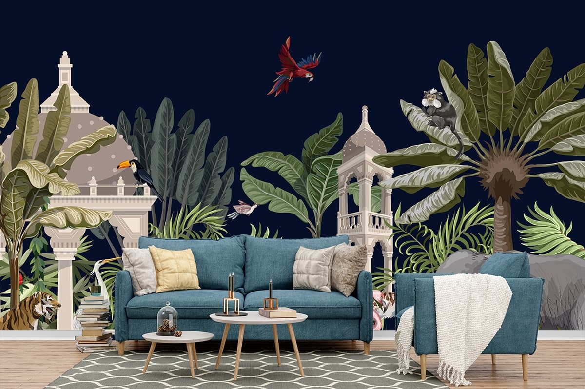 Tropical Wallpaper for Walls, A wallpaper with animals and plants shown in a room