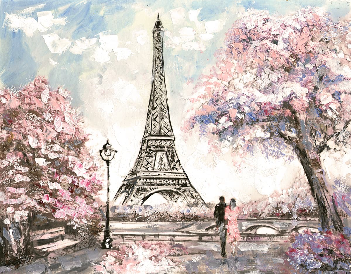Tower with Pink Flowers Painting Scenic wallpaper pattern detail