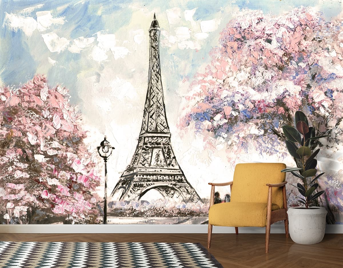 Tower with Pink Flowers Painting Scenic wallpaper shown in a room