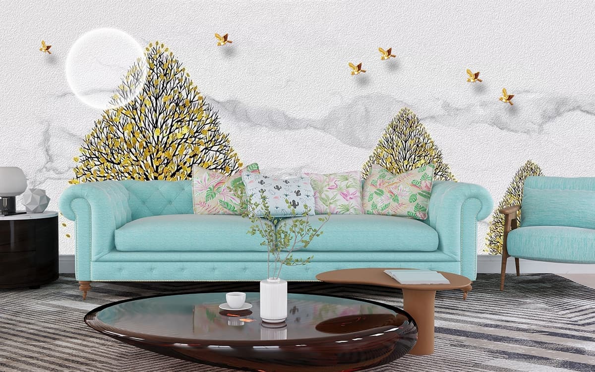 Modern Luxury Gold Tree Pattern Mural Wallpaper shown in a room