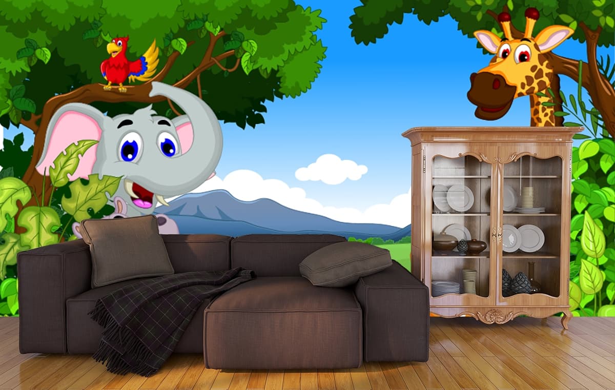 Cute Forest Animals Cartoon Scene Wallpaper shown in a room