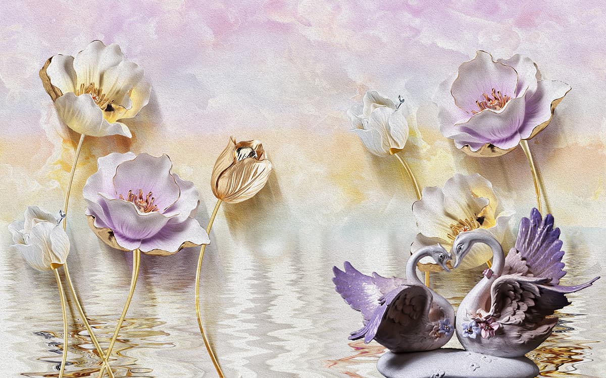 Graceful Swans with Blooming Flowers Art Wallpaper pattern detail