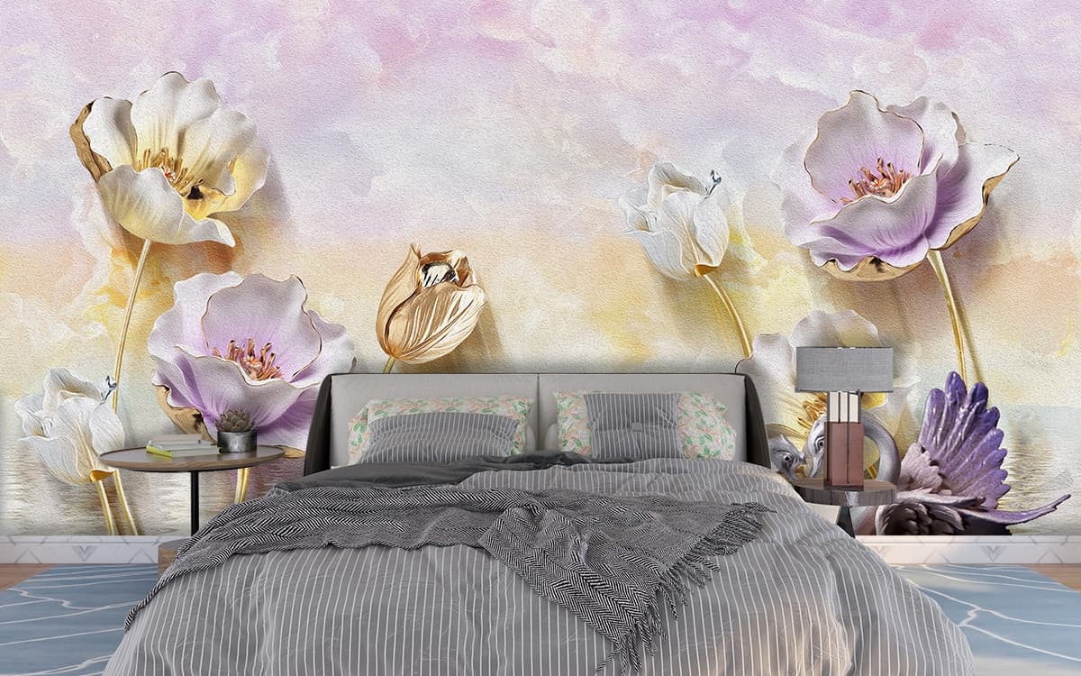Graceful Swans with Blooming Flowers Art Wallpaper shown in a room