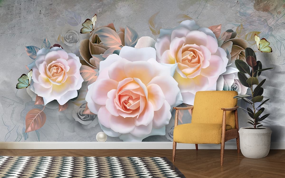 Soft White Roses Aesthetic Wall Decor Wallpaper shown in a room