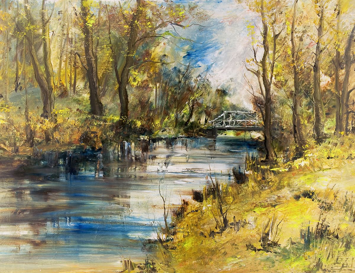 Grand Scenic River with Trees and Bridge Wallpaper pattern detail