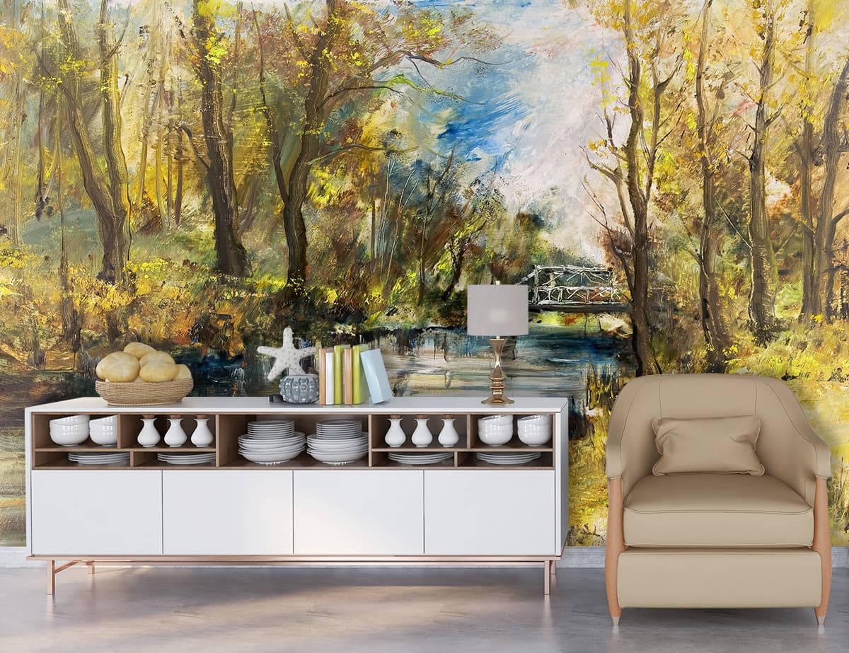 Grand Scenic River with Trees and Bridge Wallpaper shown in a room
