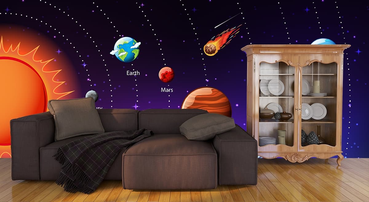 Cartoon of planets wallpaper for Kids shown in a room