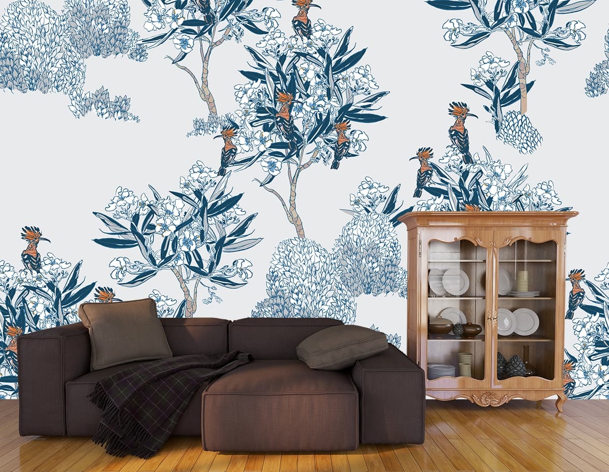 Nature Inspired Trees and Flowers Wall Decor Wallpaper shown in a room