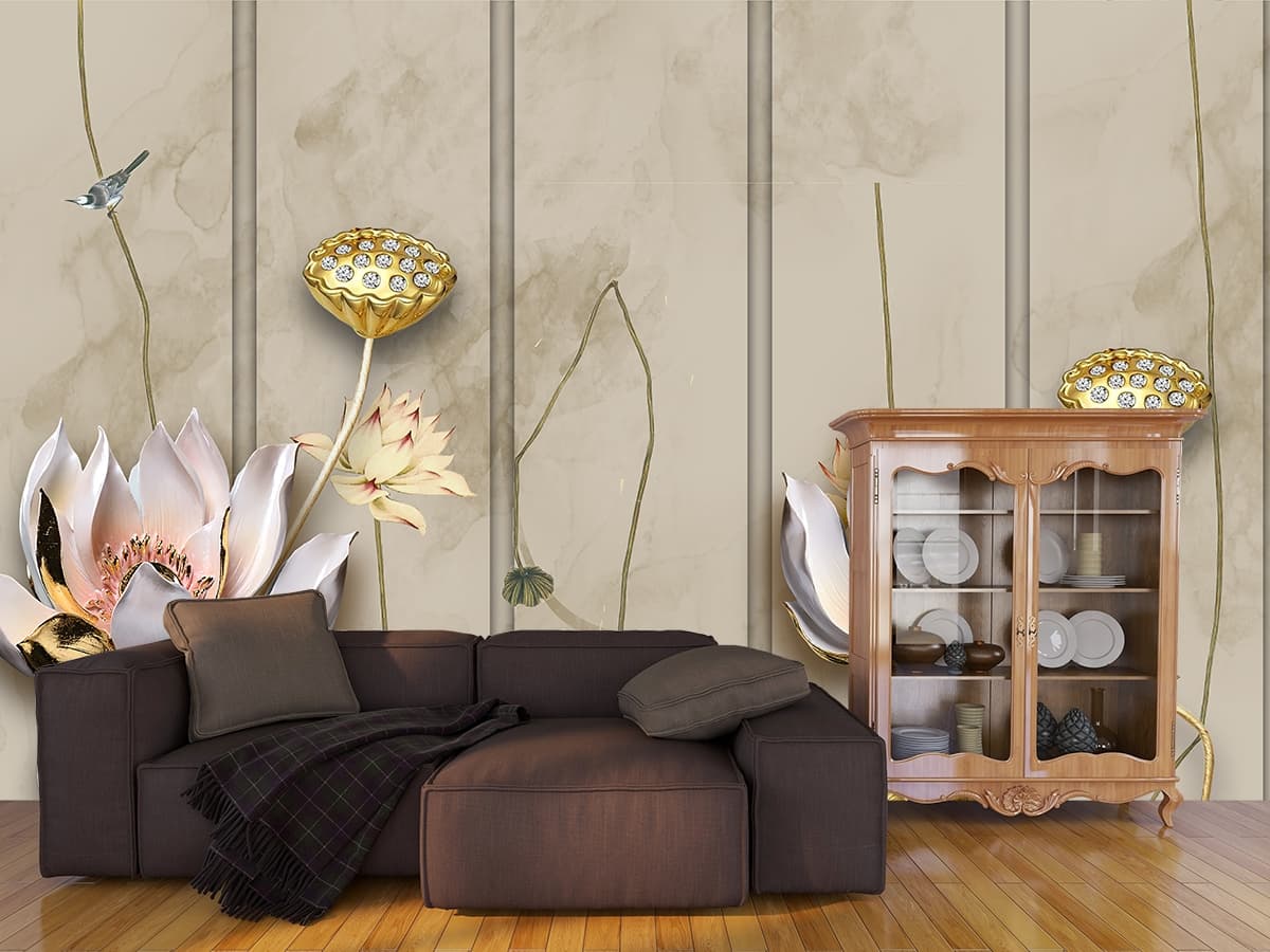 Aesthetic Flowers with Gold Ornament Pattern Wallpaper shown in a room