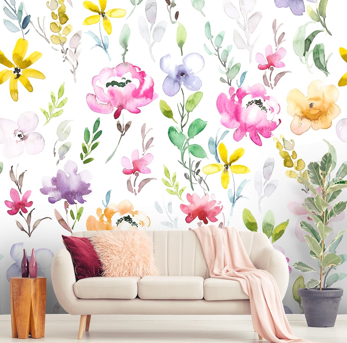 Elegant Floral Leaves Pattern Design for Walls wallpaper shown in a room