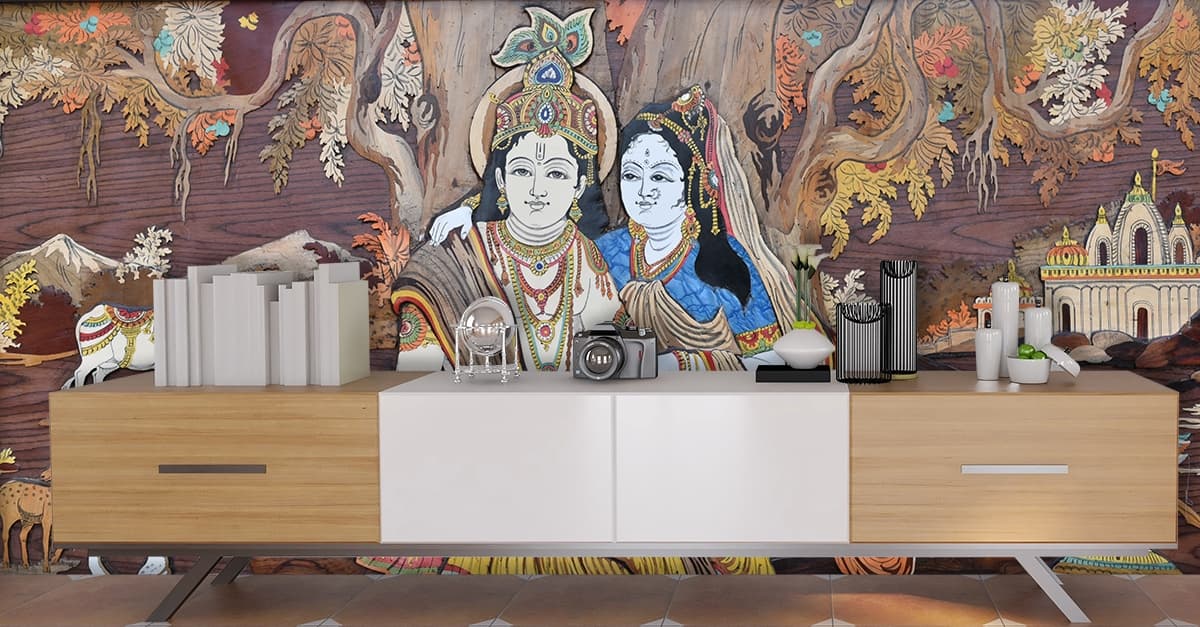 Radha Krishna Art Wallpaper Mural shown in a room