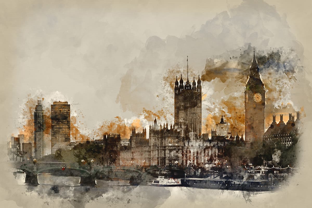 Watercolor City with Clock Tower Artistic Wall Mural Wallpaper pattern detail