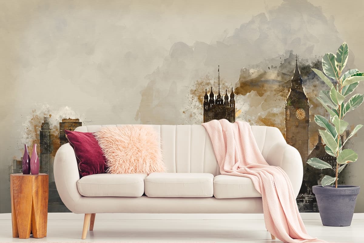 Watercolor City with Clock Tower Artistic Wall Mural Wallpaper shown in a room