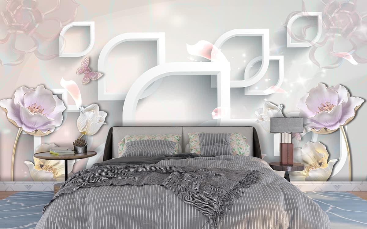 White Flowers and Butterflies Elegant Wall Mural Wallpaper shown in a room