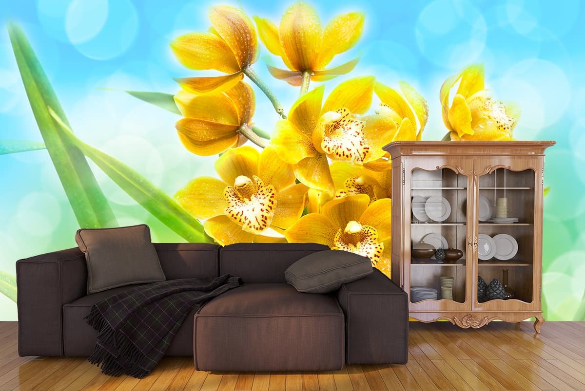 Yellow Flowers with Green Leaves Botanical Wall Mural Wallpaper shown in a room