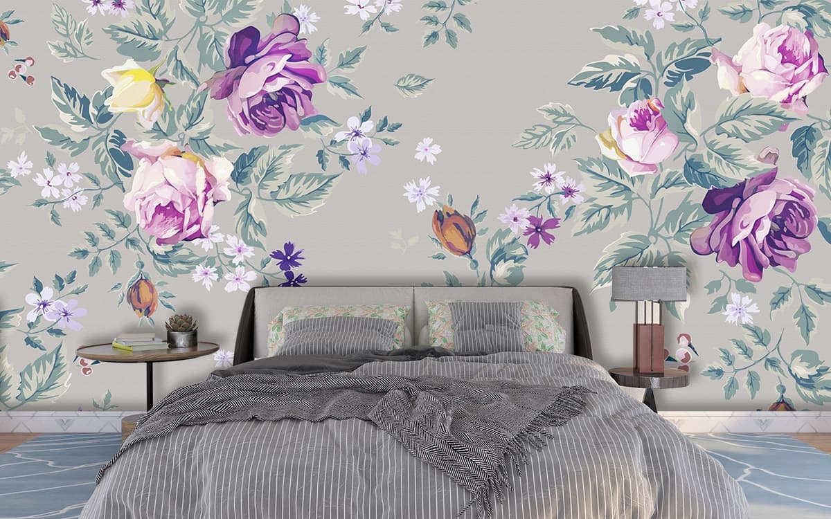 Premium Botanical Pink Bloom Garden Wallpaper shown in a room
