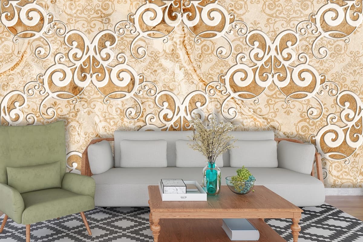 White Swirl Pattern on Marble Texture Wall Mural Wallpaper shown in a room