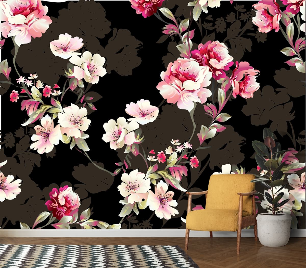 Dark Floral Pattern Black Background Design wallpaper shown in a room