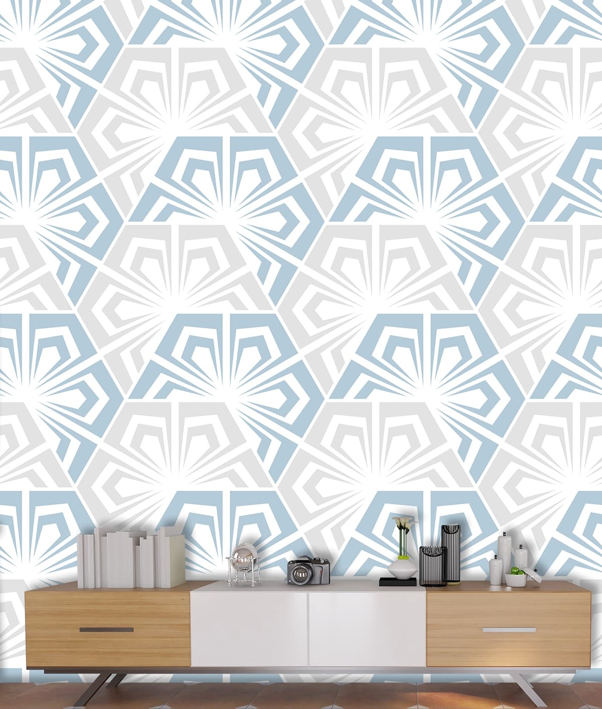 Hexagonal Floral Tiles Pattern Wallpaper shown in a room