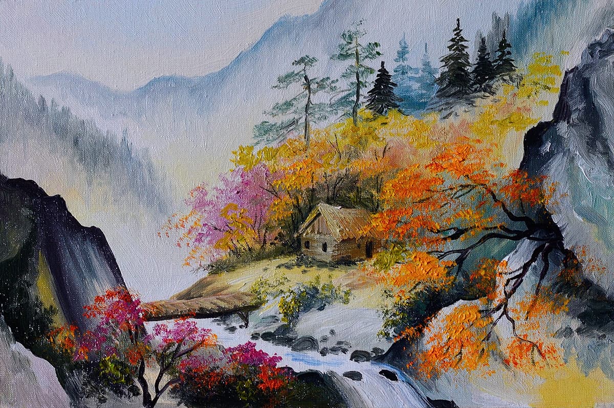Scenic Hill House Waterfall Landscape wallpaper pattern detail