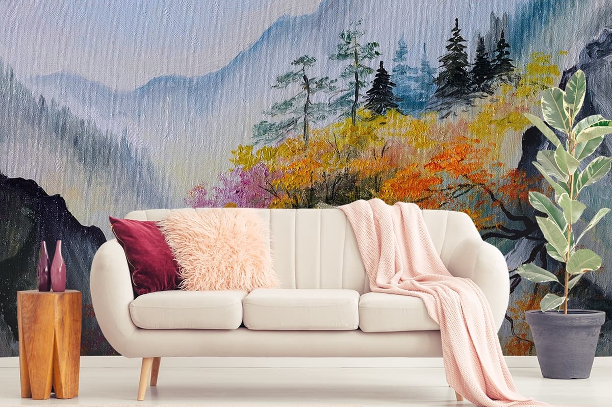 Scenic Hill House Waterfall Landscape wallpaper shown in a room