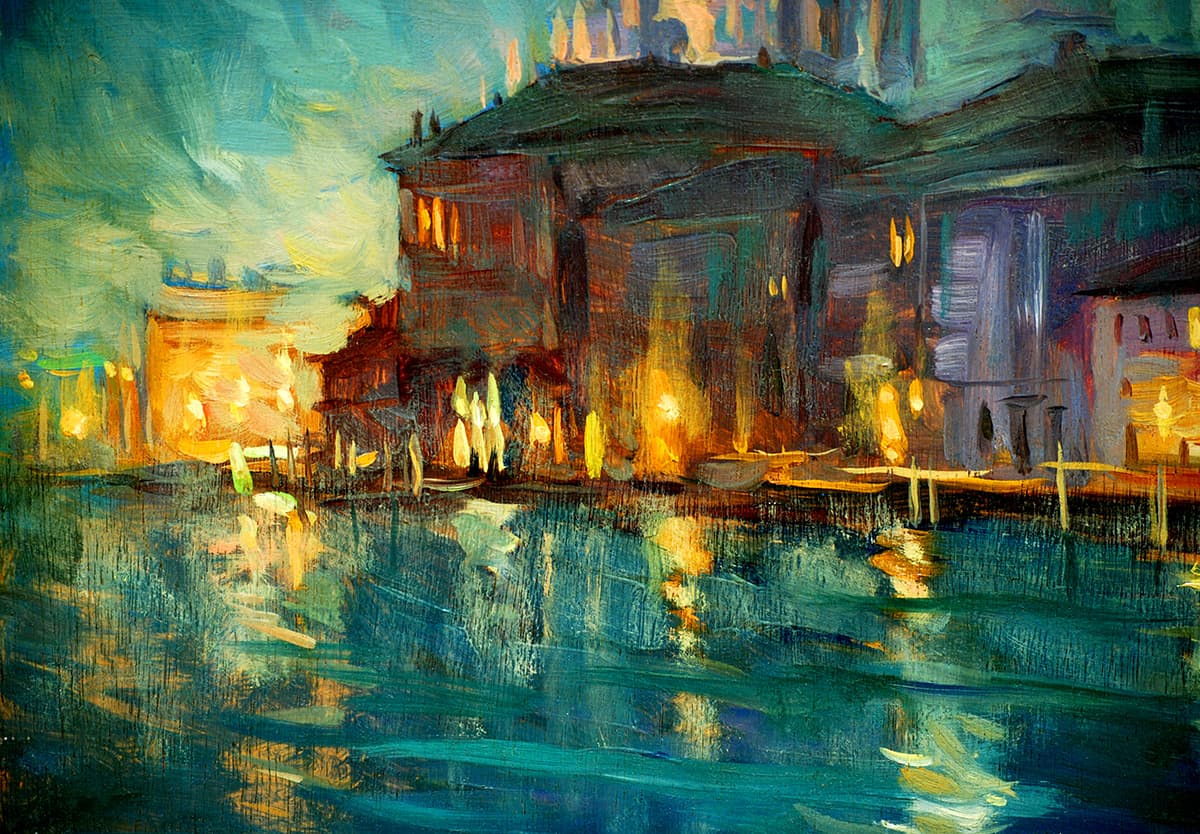 A painting of a building with lights on it pattern detail