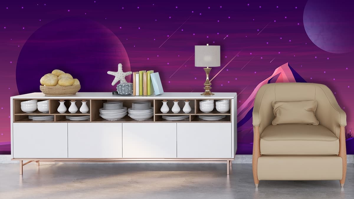 Purple Landscape with Mountains and Planet Wallpaper shown in a room
