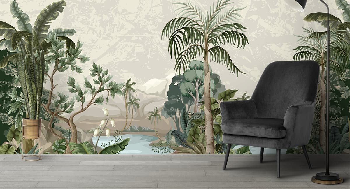 Relaxing River Scene Surrounded by Nature Wallpaper shown in a room