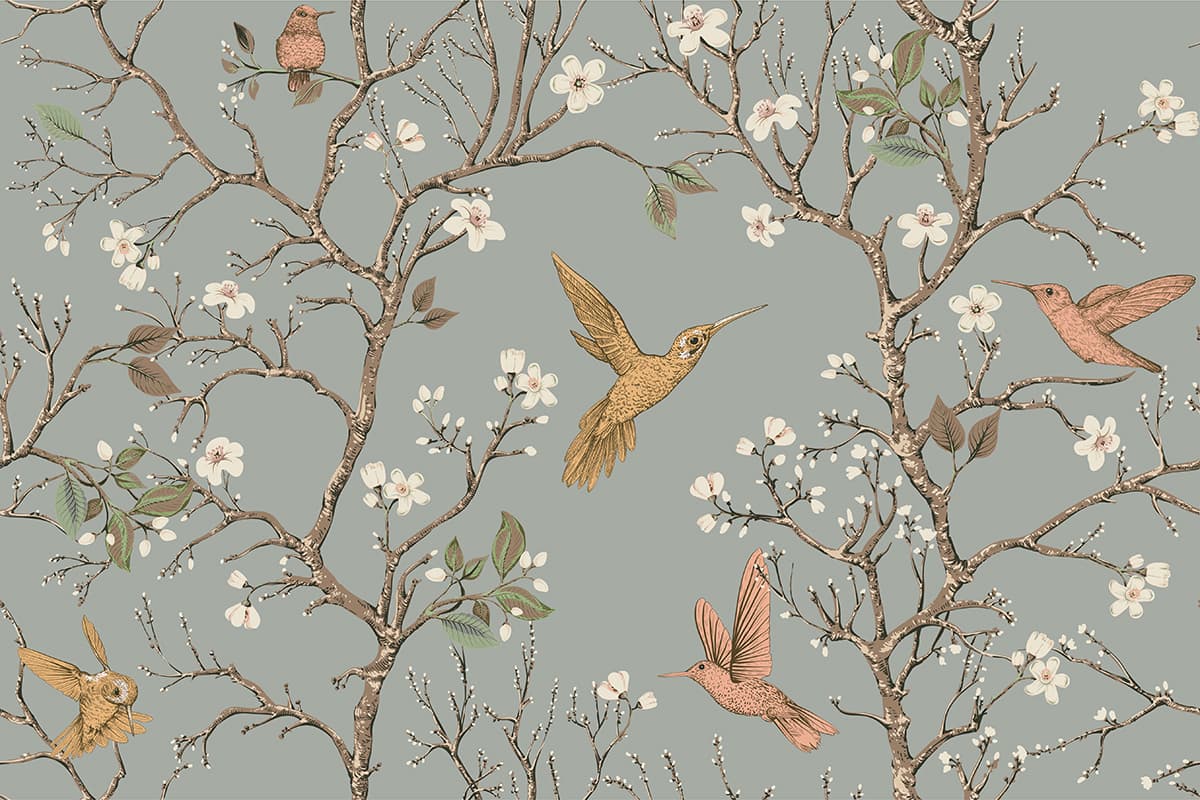 Nature's Symphony: Bird, Flower, and Branch Wallpaper pattern detail