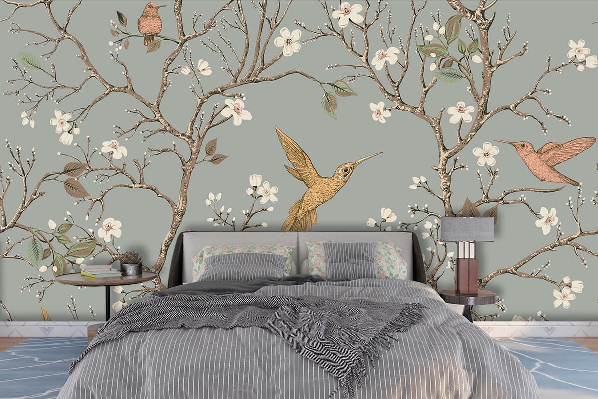 Nature's Symphony: Bird, Flower, and Branch Wallpaper shown in a room