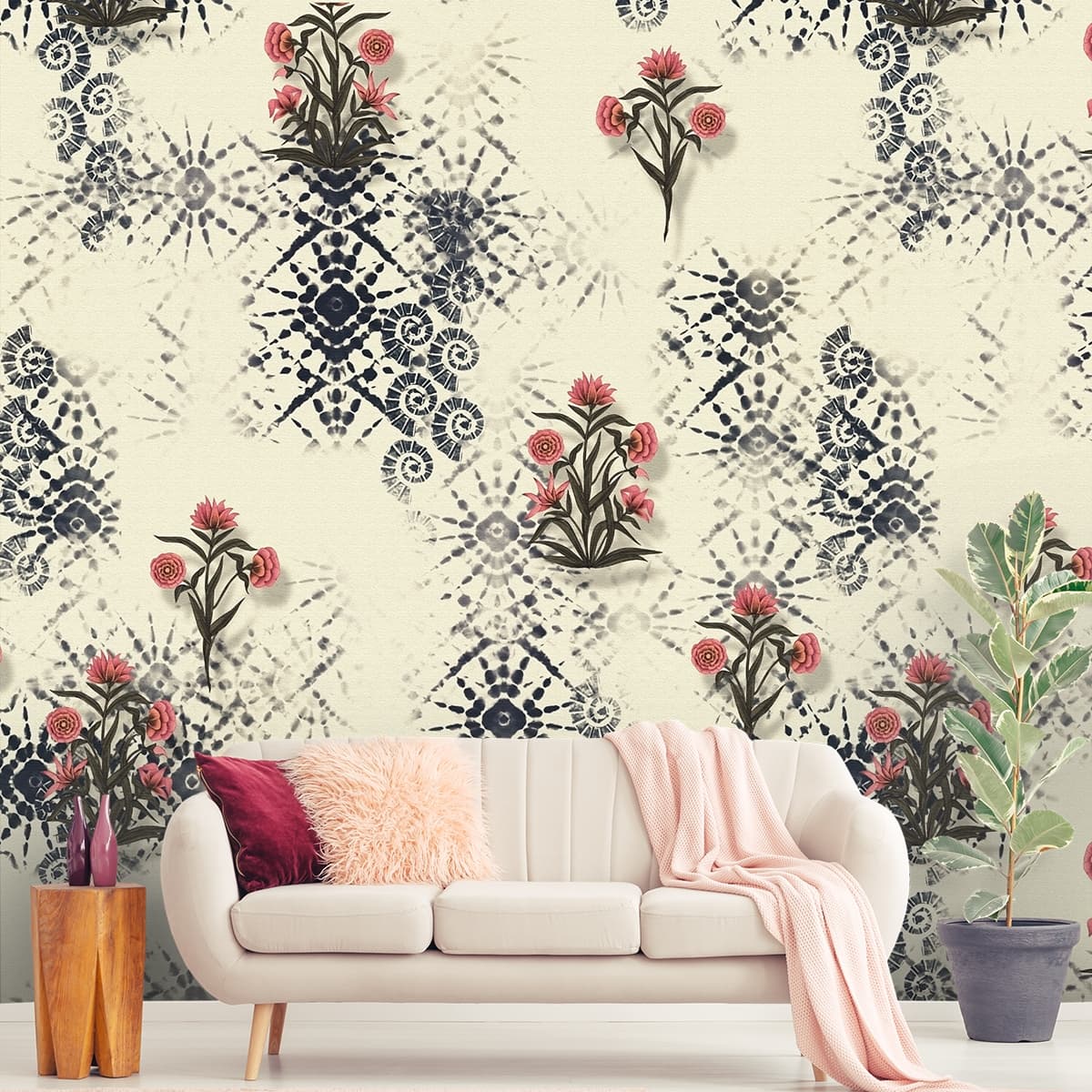 Floral Pattern on White Background Elegant Wall Mural Wallpaper shown in a room