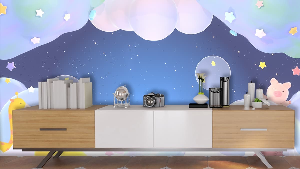 Cute Cartoon Characters Sitting on Cloud Kids Wallpaper shown in a room