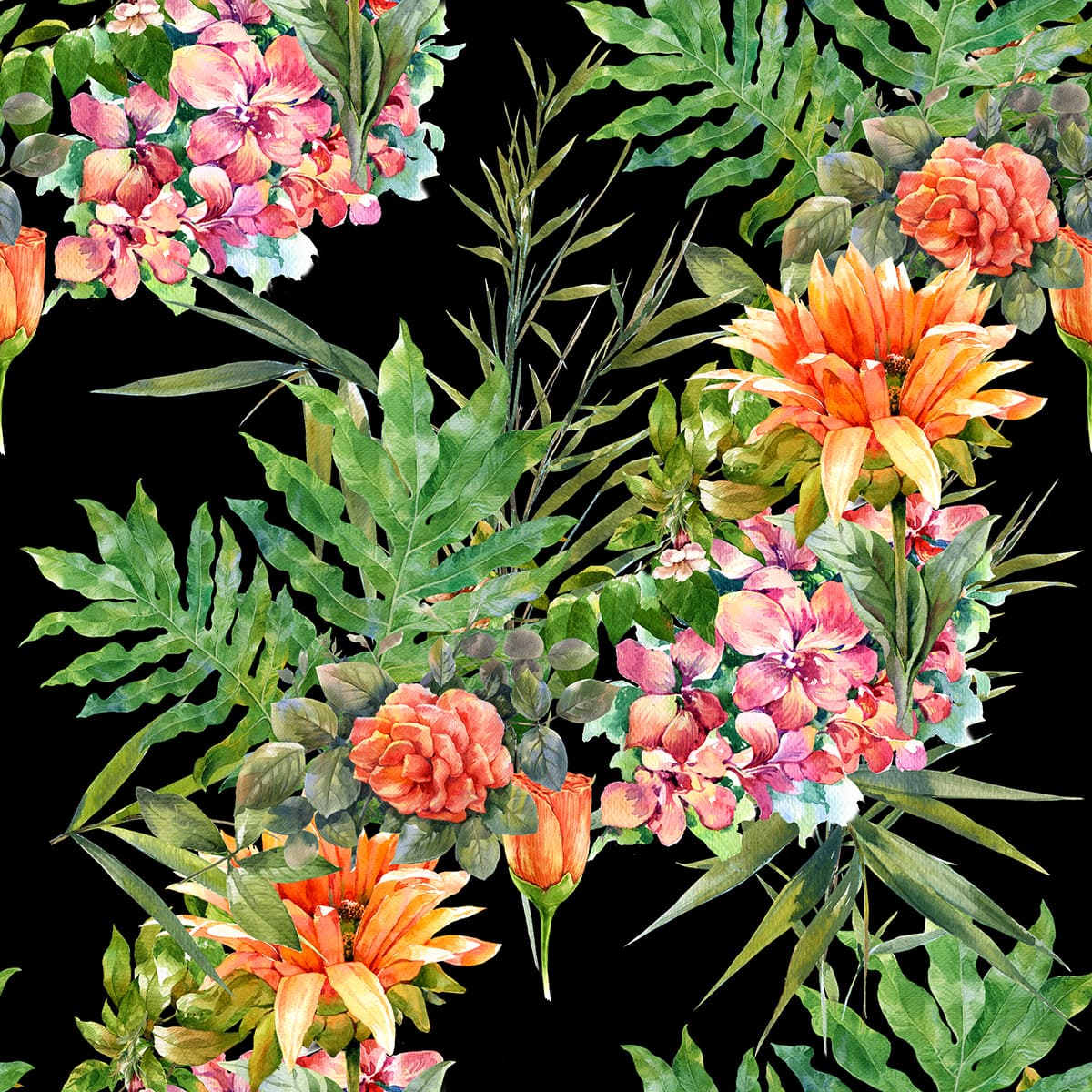 Watercolor Flowers and Leaves Wallpaper pattern detail