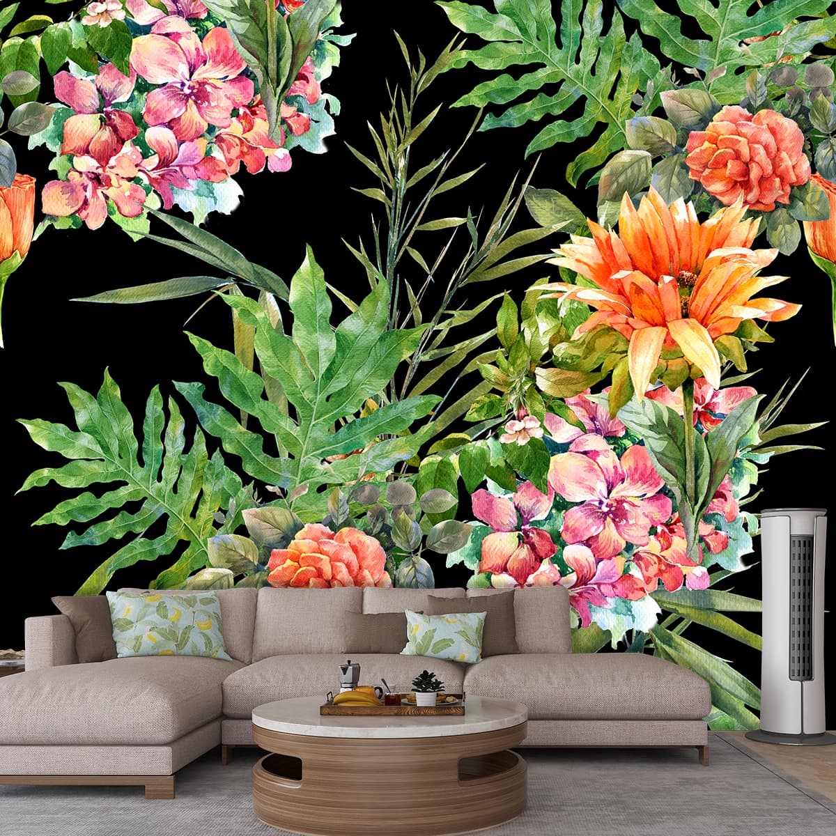 Watercolor Flowers and Leaves Wallpaper shown in a room