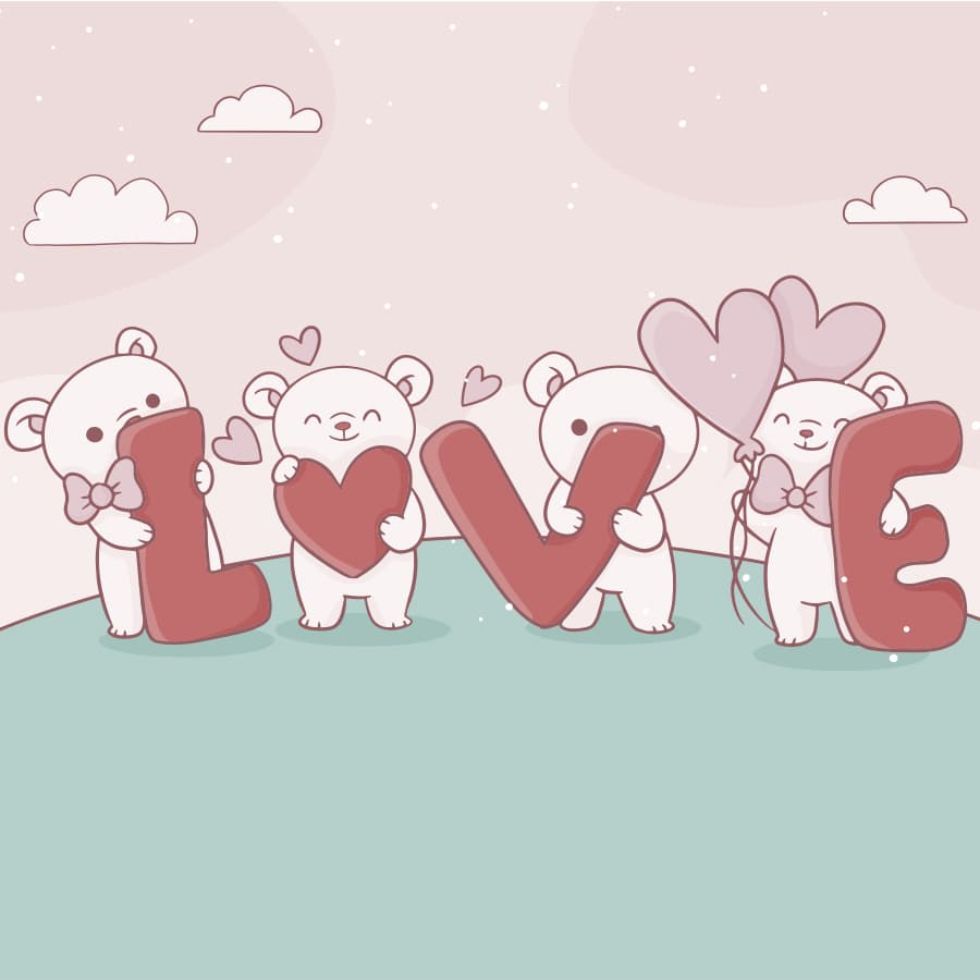 Pink teddy bear with love text wallpaper mural pattern detail