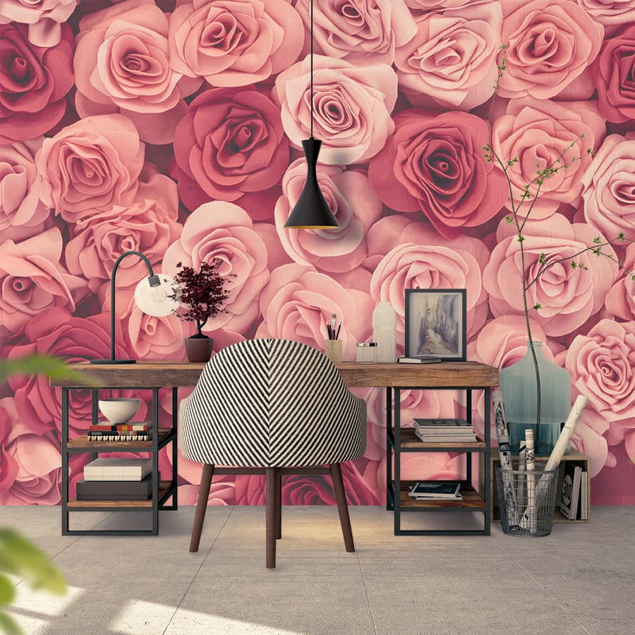 Pattern of pink and red roses wallpaper for wall shown in a room