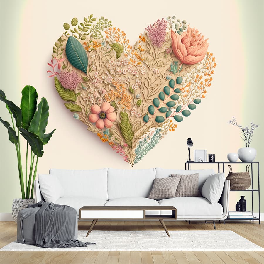 Romantic Heart Shape Flower Design Wallpaper shown in a room