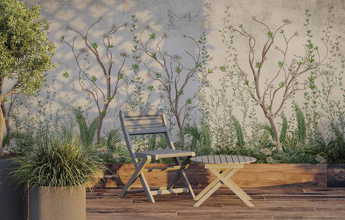Aesthetic Tropical Plants and Flowers Wallpaper shown in a room