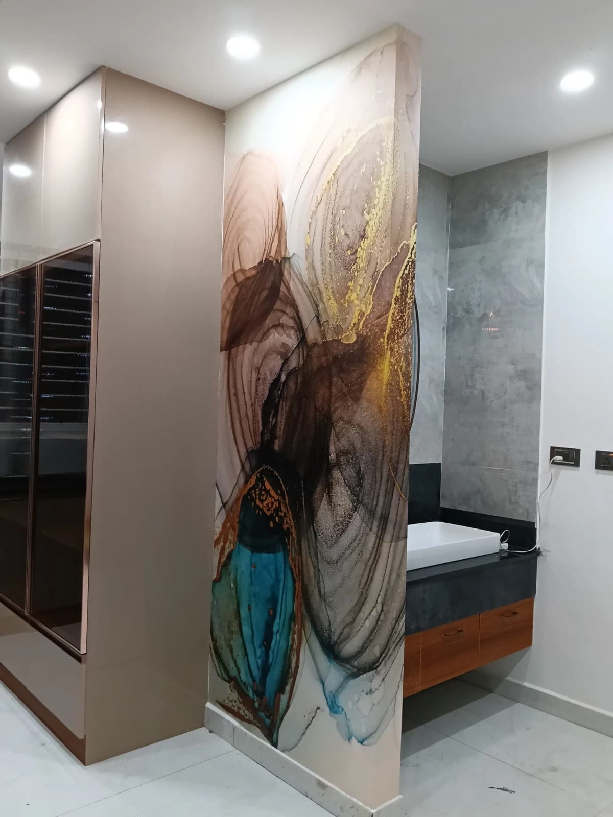 Azura, Luxurious Blue and Brown Marble Wallpaper Mural shown in a room
